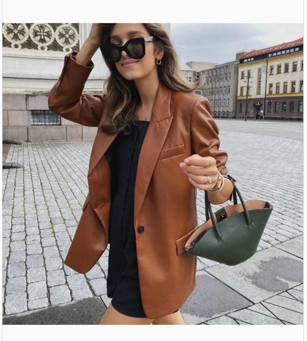 Zara Vegan Leather Oversized Blazer XS Prep Glam Brown Tan Camel Double Breasted